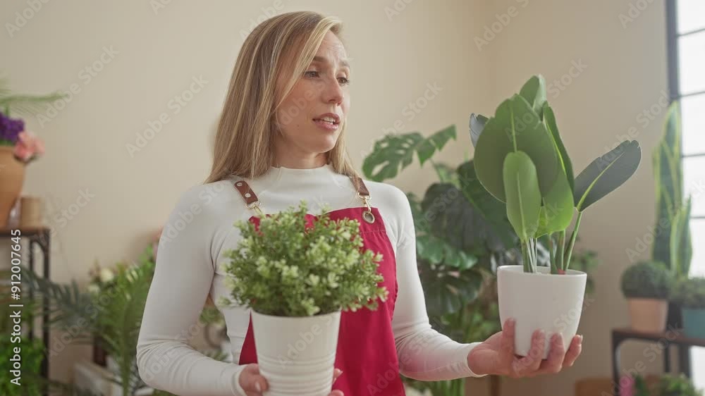 Blonde woman in a red apron holds potted plants in a lush flower shop interior, depicting retail, horticulture, and entrepreneurship. Blonde woman in a red apron holds potted plants in a lush flower shop interior, depicting retail, horticulture, and entrepreneurship.