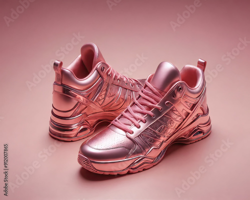 Light pink metal  sneakers on a pink background, Generative AI