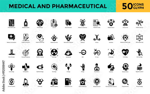 Medical and Pharmaceutical icon set with prescription pad, medicine bottle, pill dispenser, lab test, blood donation, medical conference, research study, medical ethics icon. Simple glyph vector 
