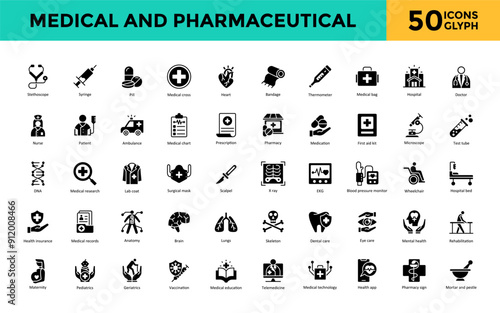 Medical and Pharmaceutical icon set with stethoscope, syringe, pill, medical cross, heart, bandage, thermometer, medical bag, hospital, doctor icon. Simple glyph vector 
