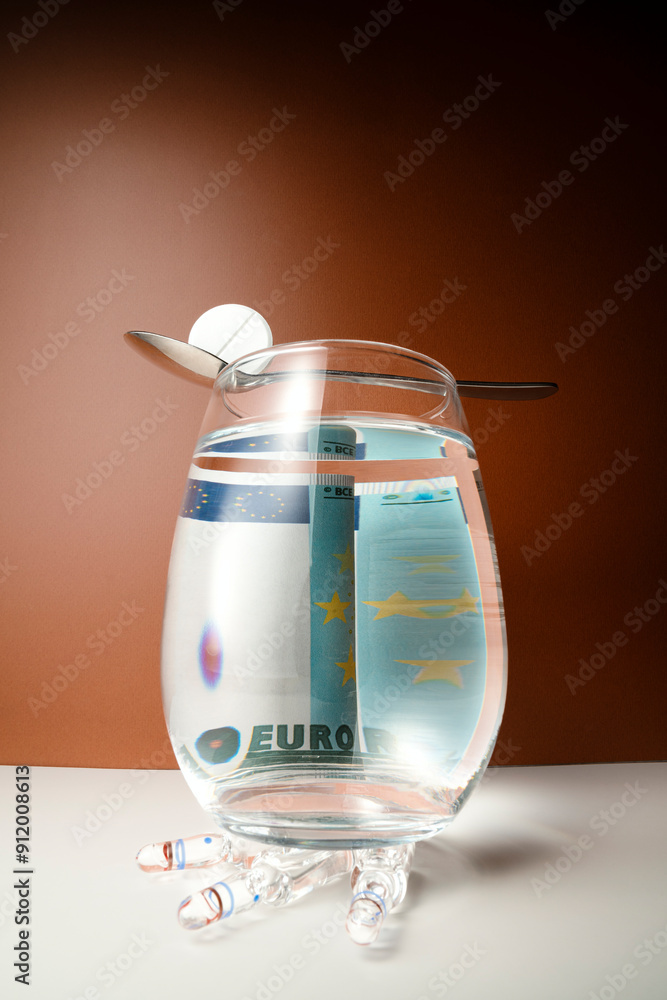 © Tarık Kızılkaya/Stocksy - Euro banknote behind a glass of water and pill with a spoon © Tarık Kızılkaya/Stocksy - Euro banknote behind a glass of water and pill with a spoon