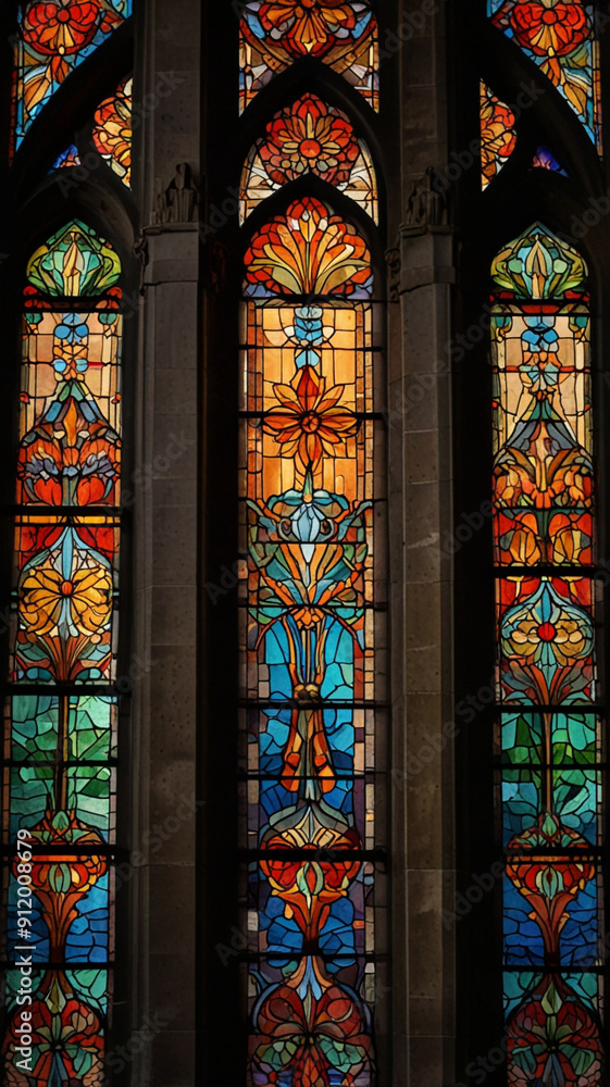 Watercolor Painting: A stunning Art Deco stained glass window adorns an ornate cathedral, radiating vibrant colors and intricate geometric patterns. Watercolor Painting: A stunning Art Deco stained glass window adorns an ornate cathedral, radiating vibrant colors and intricate geometric patterns.