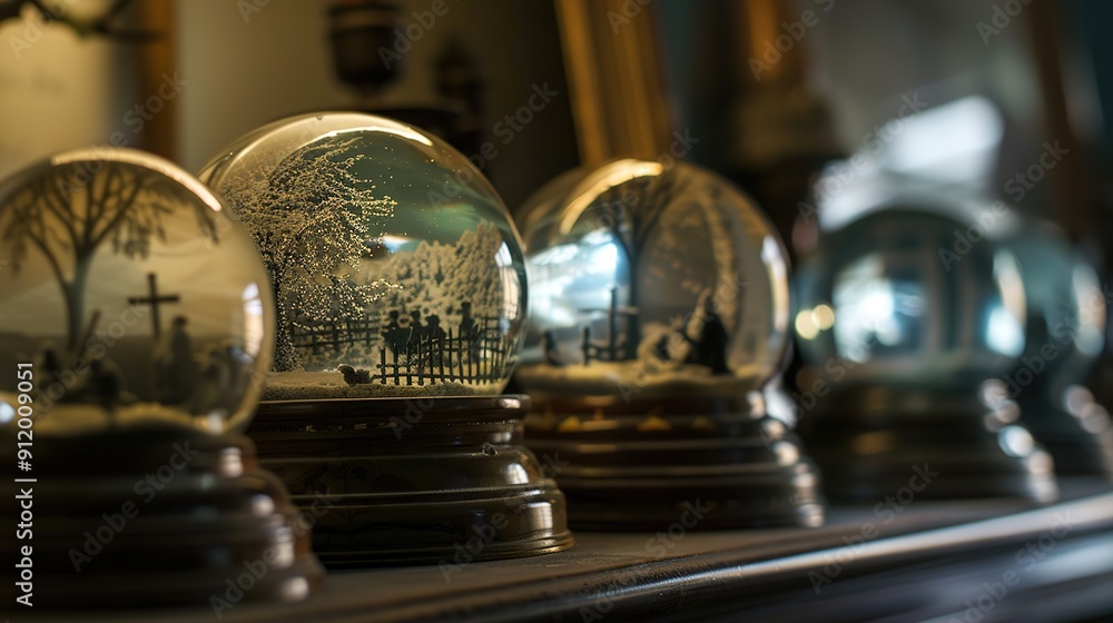 Whimsical Snow Globes on a Shelf Revealing Haunted Scenes Whimsical Snow Globes on a Shelf Revealing Haunted Scenes