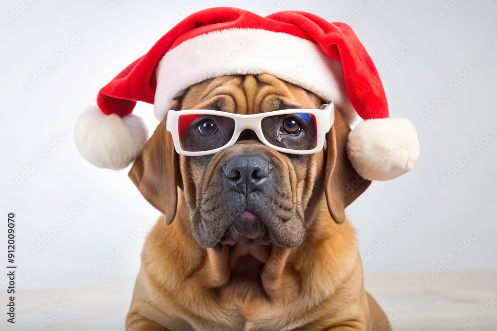 Adorable Mastiff puppy dons festive Santa hat and trendy 3D glasses, completely absorbed in a cinematic adventure on the big screen. Adorable Mastiff puppy dons festive Santa hat and trendy 3D glasses, completely absorbed in a cinematic adventure on the big screen.