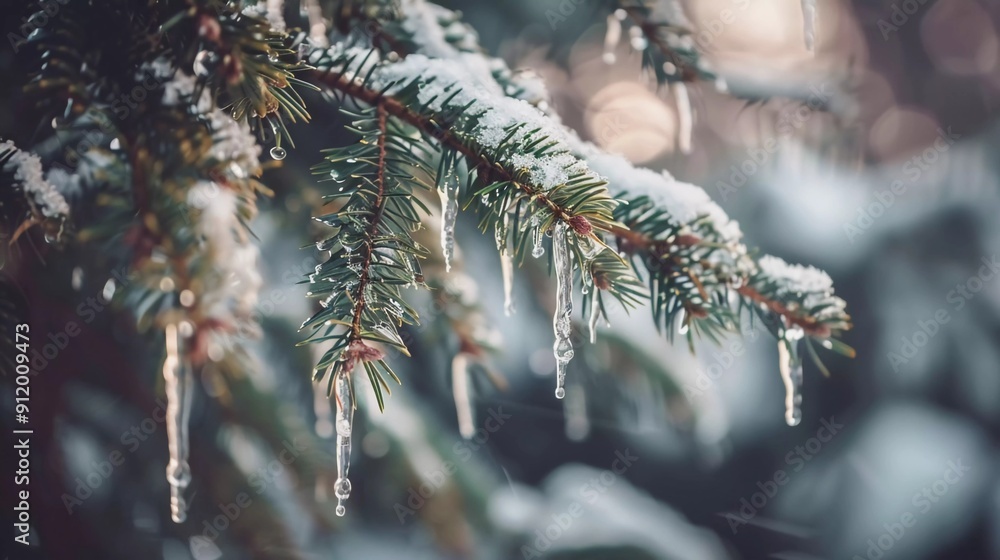 Close up of fir tree branches covered with melting snow and icicles in morning winter forest which is very beautiful Close up of fir tree branches covered with melting snow and icicles in morning winter forest which is very beautiful