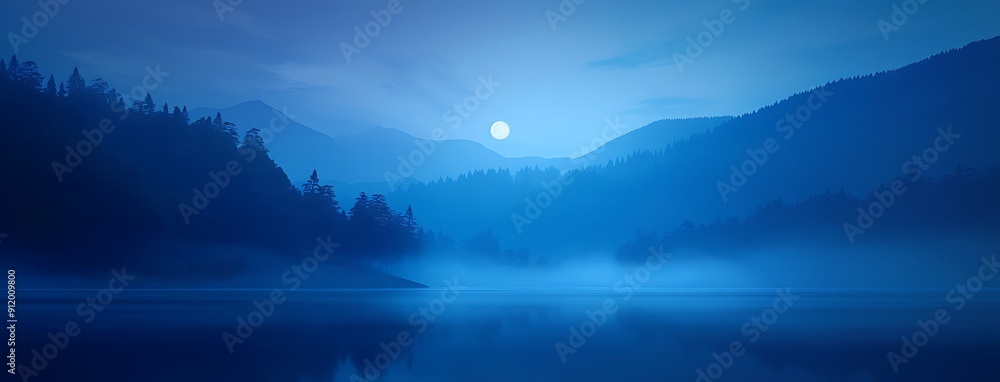 A large moon is reflected in the water of a lake. The sky is dark and the mountains in the background are covered in trees A large moon is reflected in the water of a lake. The sky is dark and the mountains in the background are covered in trees
