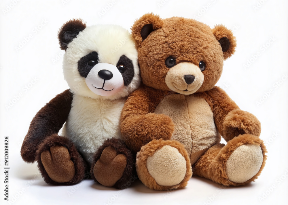 Adorable panda and brown bear teddy bears sit together on a white background, cuddling and showcasing friendship, companionship, and tender affection in a heartwarming scene. Adorable panda and brown bear teddy bears sit together on a white background, cuddling and showcasing friendship, companionship, and tender affection in a heartwarming scene.