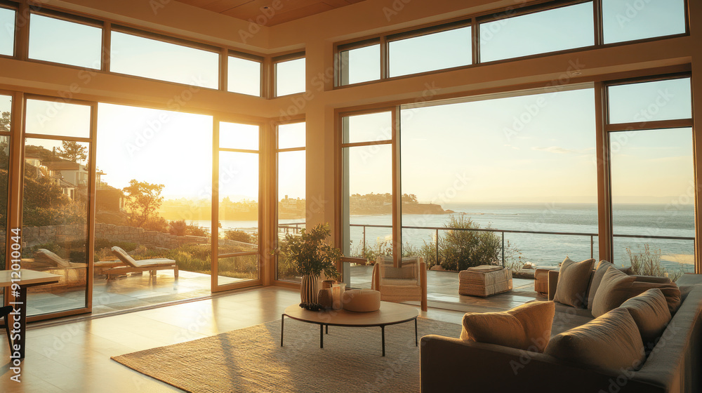Fototapeta premium Golden view from modern home to an outside seaside through windows