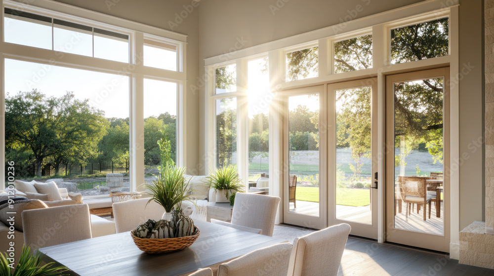 Fototapeta premium Morning view from modern home to an outside backyard through windows