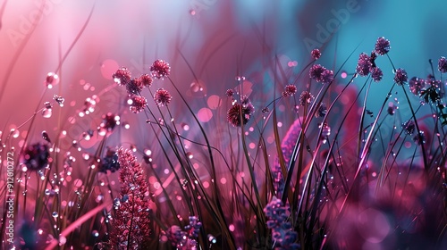 Spider View of Grassland with Dew and Translucent 3D Flower in Multiple Colors, 8K Resolution photo