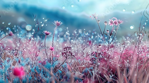 Spider View of Grassland with Dew and Translucent 3D Flower in Multiple Colors, 8K Resolution photo