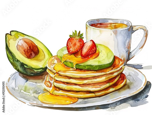 Avocado with a stack of books,Clipart, watercolor illustration, Perfect for nursery art The style is hand  drawn, white background photo