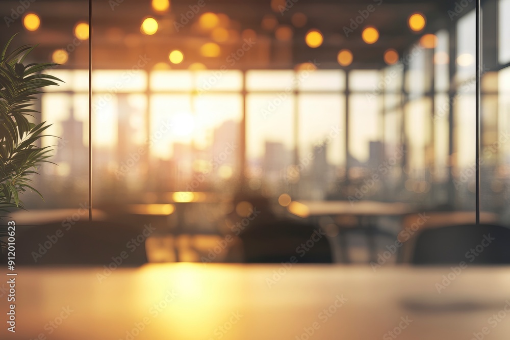 Beautiful blurred background of a light modern office interior with panoramic windows and beautiful lighting with generative ai Beautiful blurred background of a light modern office interior with panoramic windows and beautiful lighting with generative ai