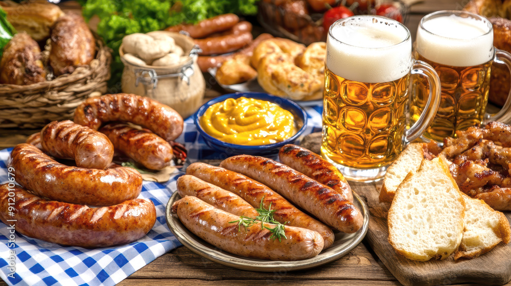beer on the table and appetizing German sausages. AI generative. beer on the table and appetizing German sausages. AI generative.