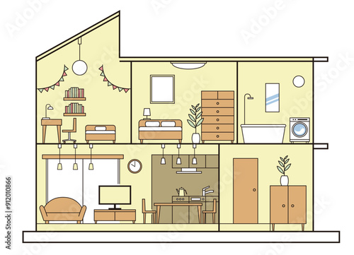 シンプルな住宅、一戸建て、家の断面図のイラスト　二階建て　白背景