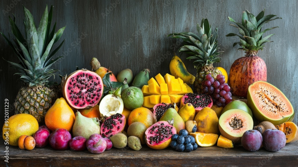 A Colorful Arrangement of Tropical Fruits and Berries on a Wooden Surface A Colorful Arrangement of Tropical Fruits and Berries on a Wooden Surface