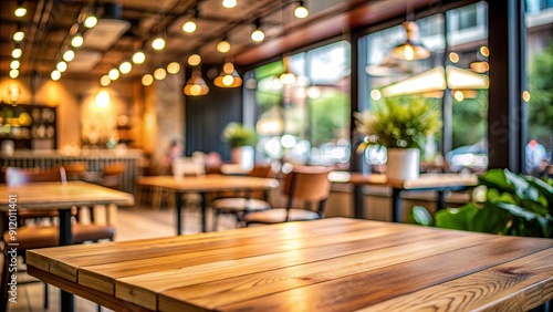 Empty wood table in cafe setting with blurred background, Coffee, shop, interior, wooden, table, empty, furniture, cafe