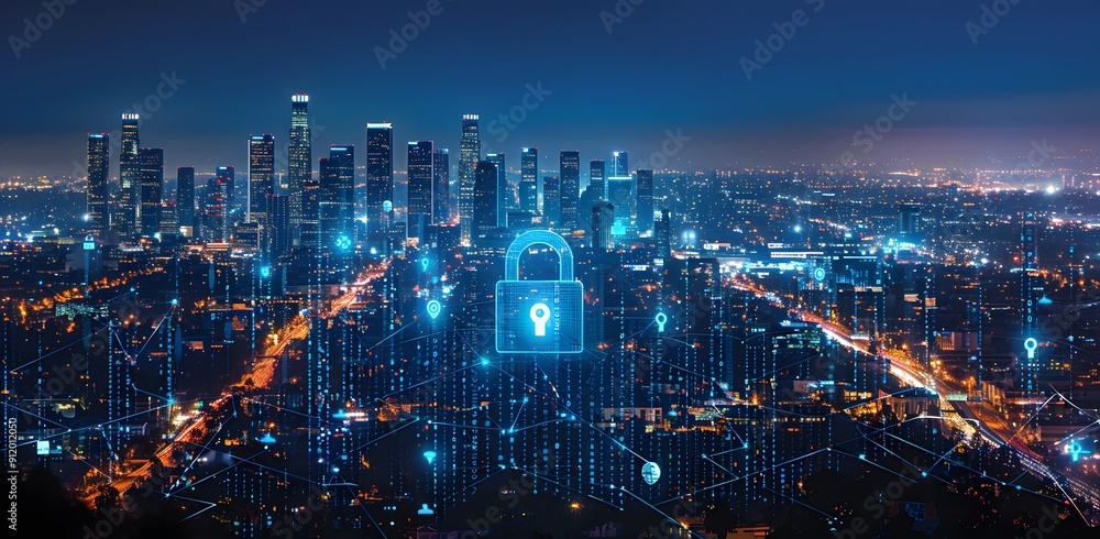 A cityscape with a blue lock symbol on it. The city is lit up at night, giving it a futuristic and modern feel. The lock symbolizes security and protection A cityscape with a blue lock symbol on it. The city is lit up at night, giving it a futuristic and modern feel. The lock symbolizes security and protection