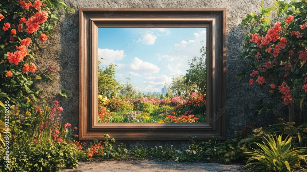 Tranquil Garden Mockup Frame - Empty Picture Frame with Lush Outdoor Nature Background for Creative Design Displays Tranquil Garden Mockup Frame - Empty Picture Frame with Lush Outdoor Nature Background for Creative Design Displays