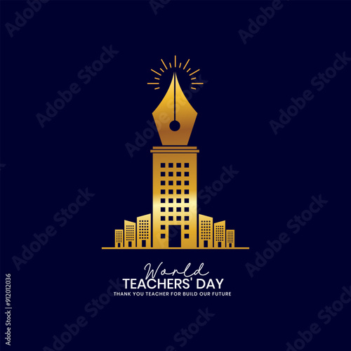 Happy Teachers Day Builders Housing Concept Design for banner posters, World Teacher's Day Logo, Vector art & typography design elements for congratulation cards, banners, and flyers. Pen pencil book 