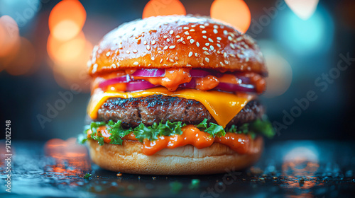 Flavorful Fusion: American Burger Double Exposure in Vibrant New York Silhouette photo