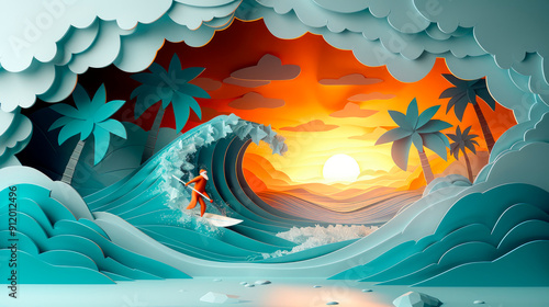 Template card 3d papercuts view of adorable tropical surfing Santa Christmas.