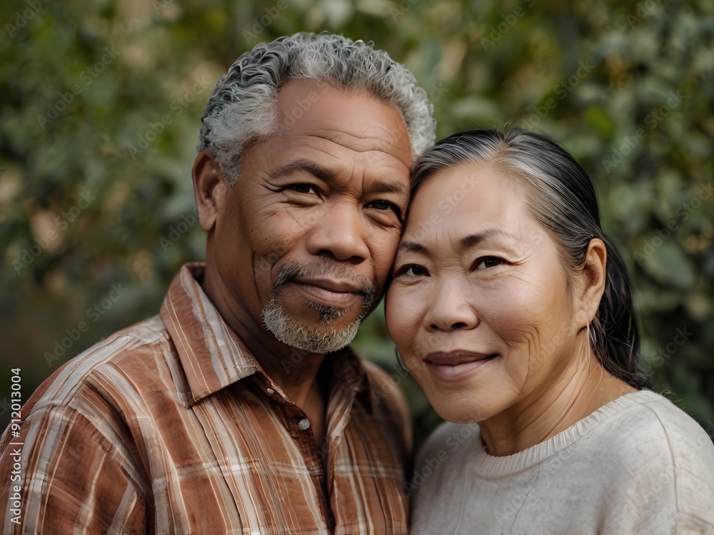 Portrait of a couple of black man from Africa and white woman from Asia, individuals of different races