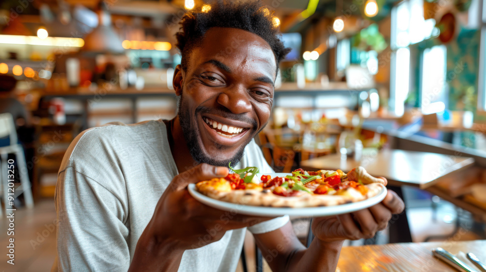 A happy and relaxed black man is smiling and holding a plate of delicious hot pizza in his hands. The guy is in the pizzeria. He loves pizza. Italian cuisine. A happy and relaxed black man is smiling and holding a plate of delicious hot pizza in his hands. The guy is in the pizzeria. He loves pizza. Italian cuisine.