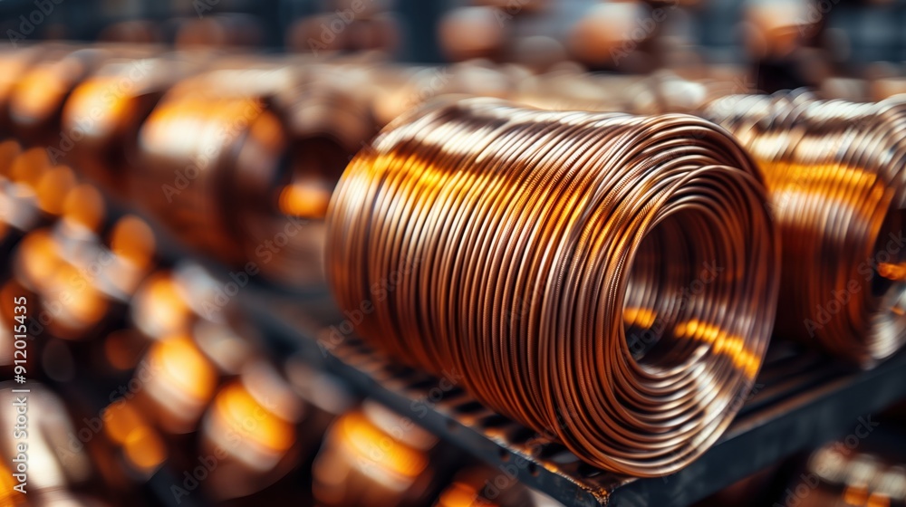 Shiny Copper Wire Coils in Factory. Rows of shiny copper wire coils in a factory setting, emphasizing their role in electrical and industrial applications. Shiny Copper Wire Coils in Factory. Rows of shiny copper wire coils in a factory setting, emphasizing their role in electrical and industrial applications.