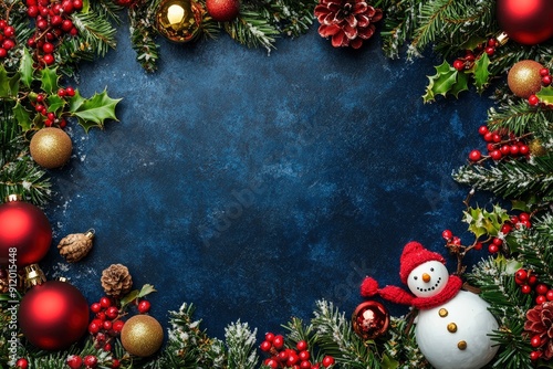 a colorful christmas border with mistletoe, snowman and little lamps tumblr, navy background for flat screen with generative ai