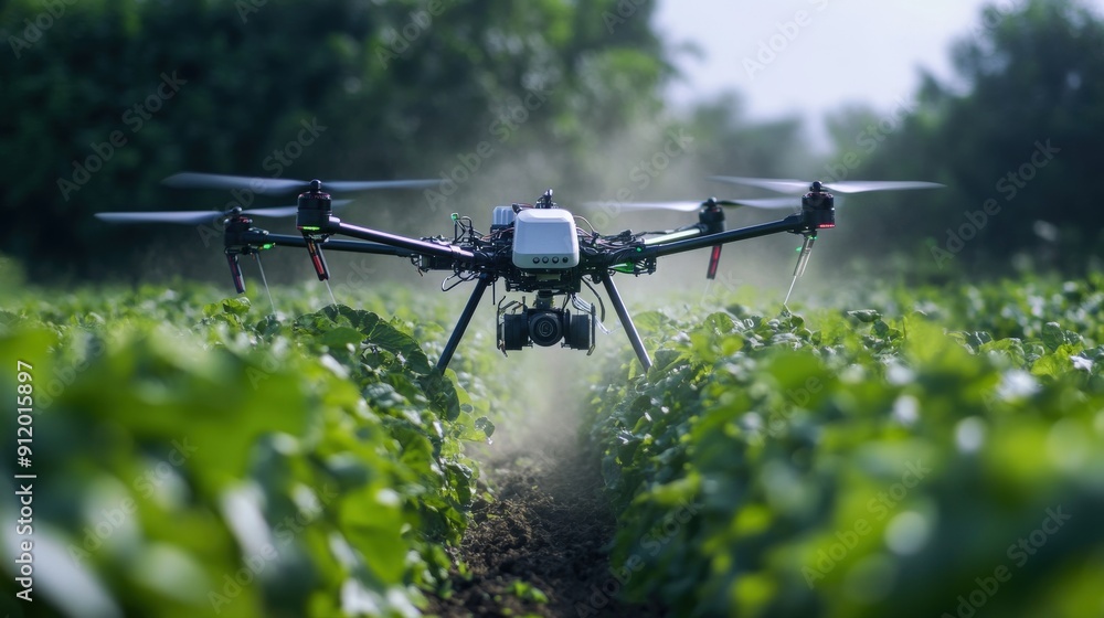 Drone spraying pesticides over a field of crops. Drone spraying pesticides over a field of crops.