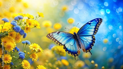 Stunning yellow and blue butterfly with matching flowers, detailed patterns, perfect for vibrant nature-themed designs