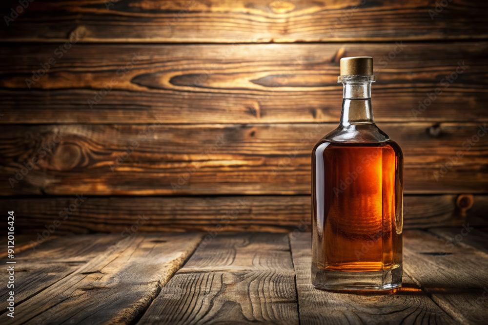 Aged bourbon whiskey bottle sits isolated on a rustic wooden background, surrounded by subtle texture and warm lighting, with ample copy space for customization. Aged bourbon whiskey bottle sits isolated on a rustic wooden background, surrounded by subtle texture and warm lighting, with ample copy space for customization.
