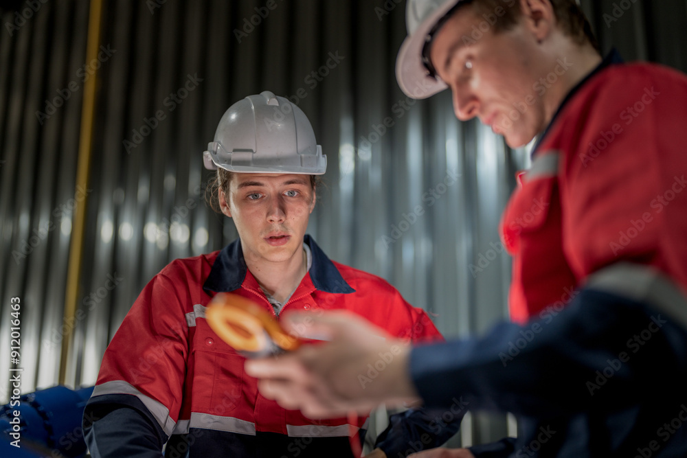 Obraz premium male engineer workers maintenance automatic robotic arm machine in a factory. worker checking and repairing automatic robot hand machine. technician worker check for repair factory machine.