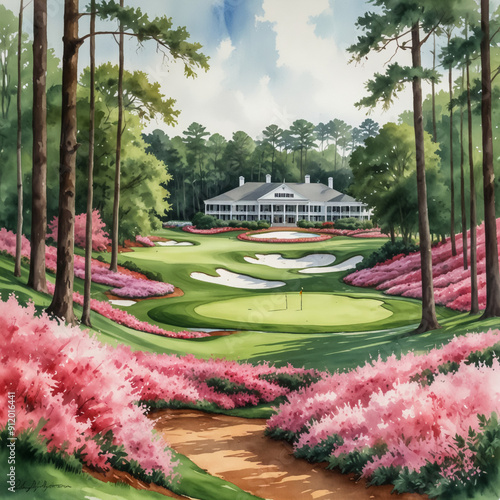 Watercolor illustration of the Augusta National Golf Club in Augusta, Georgia. Capture the lush, meticulously maintained beauty of this world-renowned golf course
