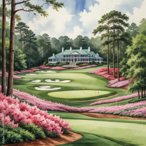 Watercolor illustration of the Augusta National Golf Club in Augusta, Georgia. Capture the lush, meticulously maintained beauty of this world-renowned golf course