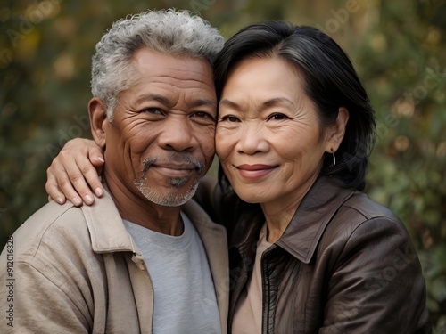 Portrait of a couple of black man from Africa and white woman from Asia, individuals of different races