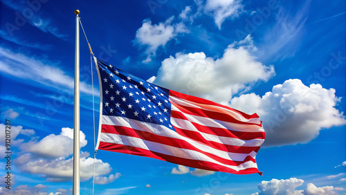 American flag waves solemnly at half-staff against a blue sky, honoring the brave men and women who sacrificed their lives on a fateful day.