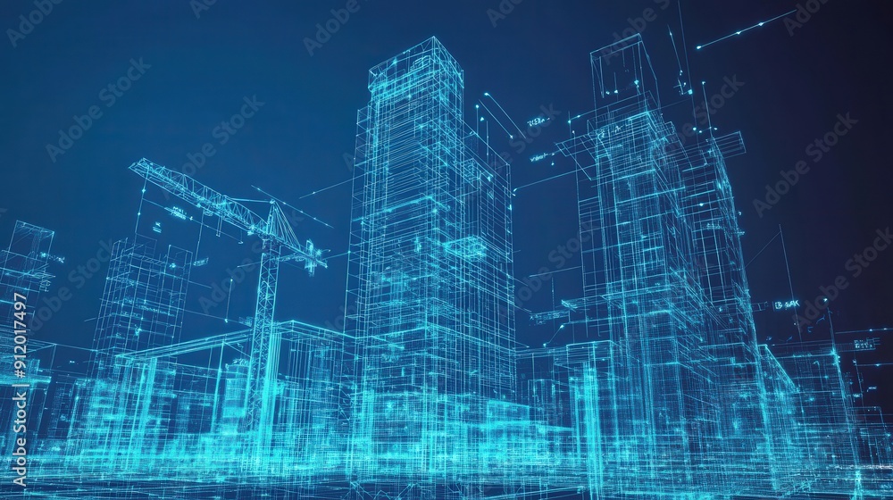 Digital Wireframe Cityscape with Construction Crane Digital Wireframe Cityscape with Construction Crane