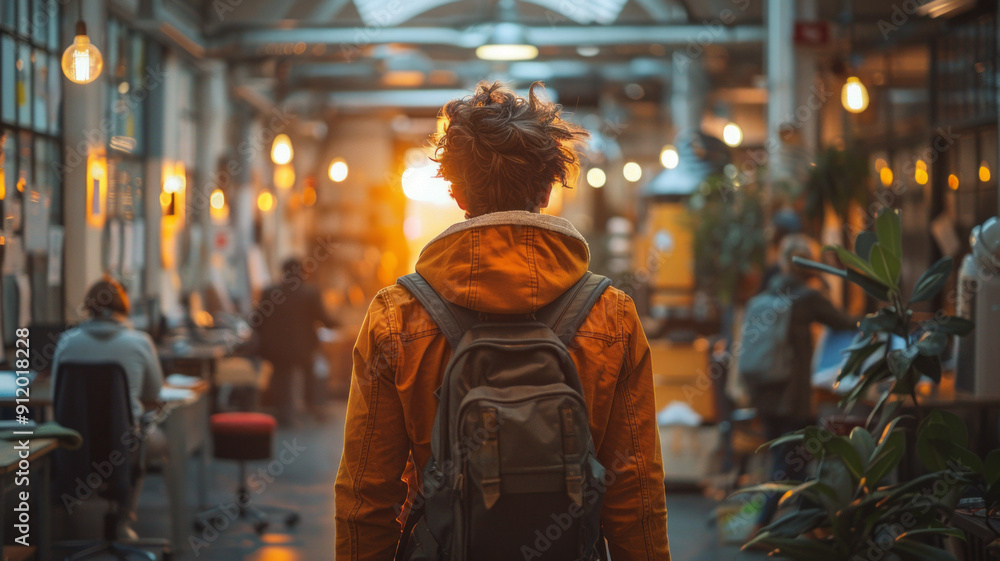 a young man walking into an office in his first day at work; everybody is greeting him, welcoming him.generative ai a young man walking into an office in his first day at work; everybody is greeting him, welcoming him.generative ai