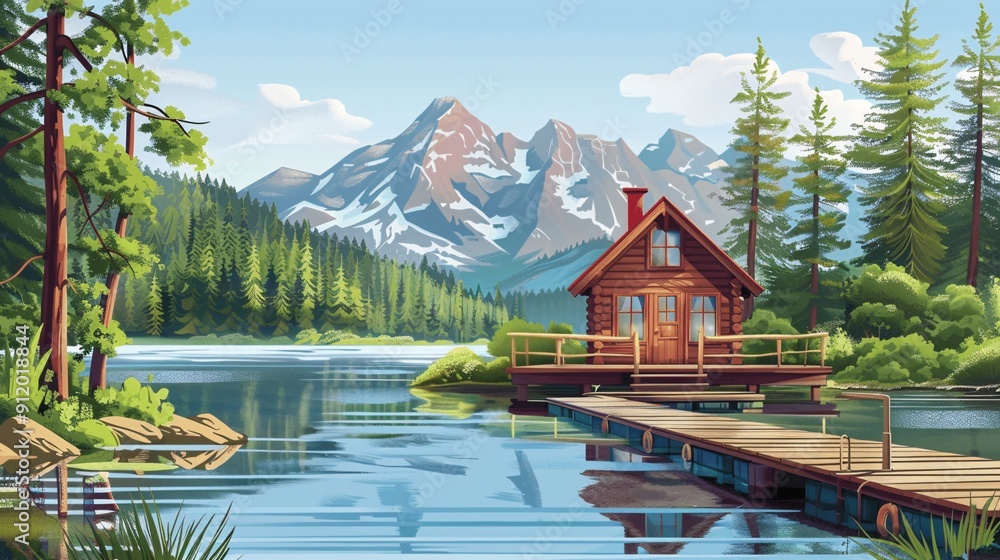 Fototapeta premium Serene lakeside cabin with a wooden dock extending into the calm water.