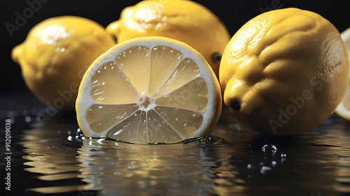 by godly realistic close up, photo realism, delicious, lemon and water, beautiful, dry, elegant, rich, vivid contrast, depth of field, black tones, crisp, shot on 100mm, f/ 2. O, natural lighting, rea photo