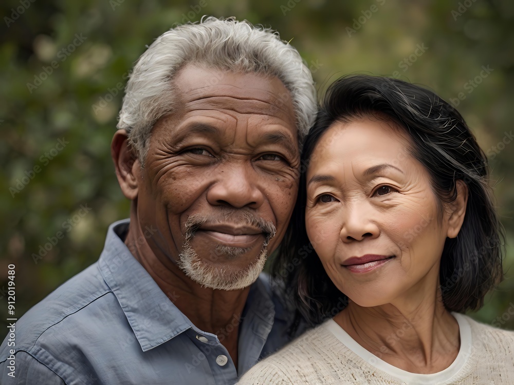Portrait of a couple of black man from Africa and white woman from Asia, individuals of different races