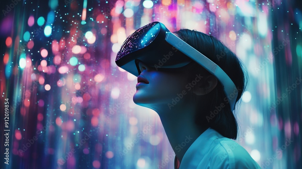 Woman Wearing VR Headset in Front of a Glittery Background Woman Wearing VR Headset in Front of a Glittery Background