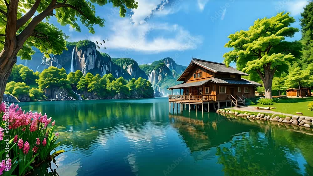 tranquil lake with a wooden house, serene natural landscape. seamless looping time-lapse 4K video background
tranquil lake with a wooden house, serene natural landscape. seamless looping time-lapse 4K video background