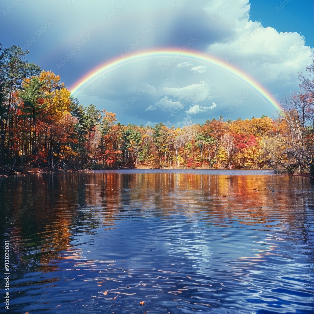 Rainbow over a lake in the woods with fall colors, captured with a wide-angle lens, showcasing a vibrant natural landscape. Rainbow over a lake in the woods with fall colors, captured with a wide-angle lens, showcasing a vibrant natural landscape.