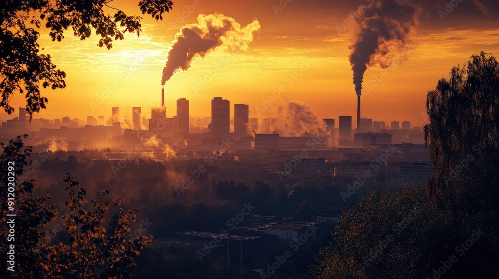 Fototapeta premium Industrial Cityscape at Sunset with Smoke Plumes