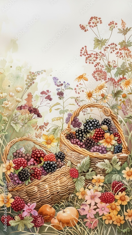 Two wicker baskets overflow with a variety of berries, including blackberries, raspberries, and blueberries. The baskets are nestled among vibrant summer wildflowers, including daisies, clover, and wi Two wicker baskets overflow with a variety of berries, including blackberries, raspberries, and blueberries. The baskets are nestled among vibrant summer wildflowers, including daisies, clover, and wi