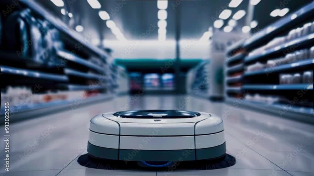 A Detailed View of a Robotic Vacuum Cleaner Against a Symmetrical Lighting Pattern and Blurred Product Shelves A Detailed View of a Robotic Vacuum Cleaner Against a Symmetrical Lighting Pattern and Blurred Product Shelves
