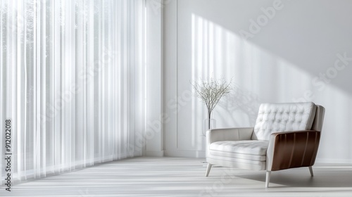 Modern white living room with translucent curtains and a leather armchair, highlighting minimalistic style.